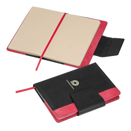 Cuaderno rojo con cierre magntico y marcapginas de cinta.