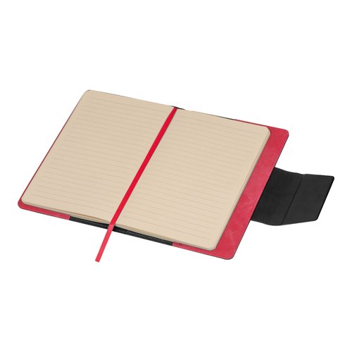 Cuaderno rojo con pginas rayadas y cinta marcapginas.