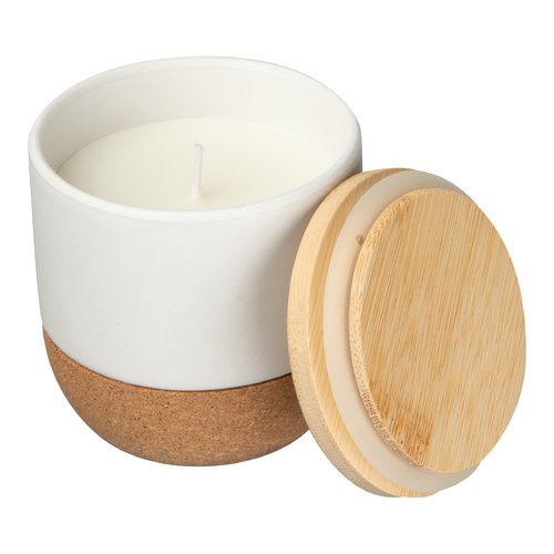 Vela blanca con base de corcho y tapa de madera.
