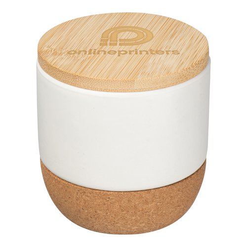 Tarro de cermica blanca con base de corcho y tapa de bamb.