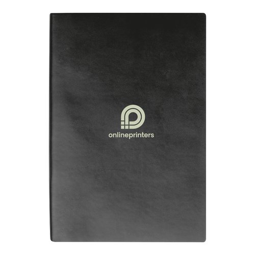 Cuaderno negro de tapa dura con encuadernacin de hilo.