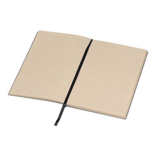 Cuaderno negro con cinta marcapginas.