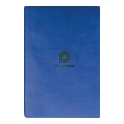Cuaderno azul de tapa dura con pginas rayadas.