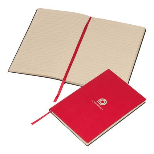 Cuaderno rojo de tapa dura con marcapginas de cinta.