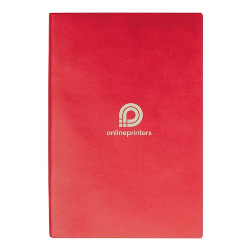Cuaderno rojo de tapa dura con pginas rayadas.