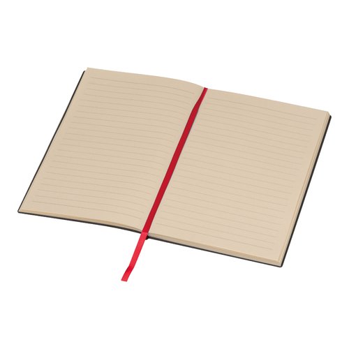 Cuaderno rojo con tapa dura y marcapginas.