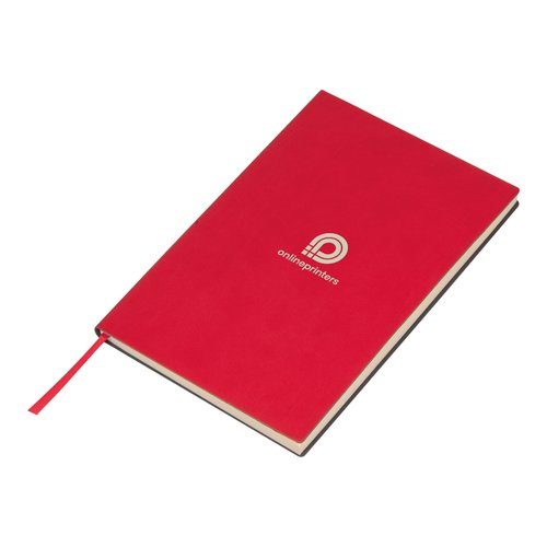 Cuaderno rojo con tapa dura y marcapginas de cinta.