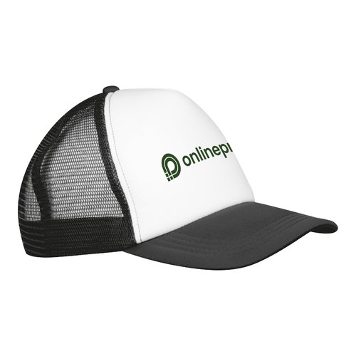 Gorra de camionero negra con malla y cierre ajustable.