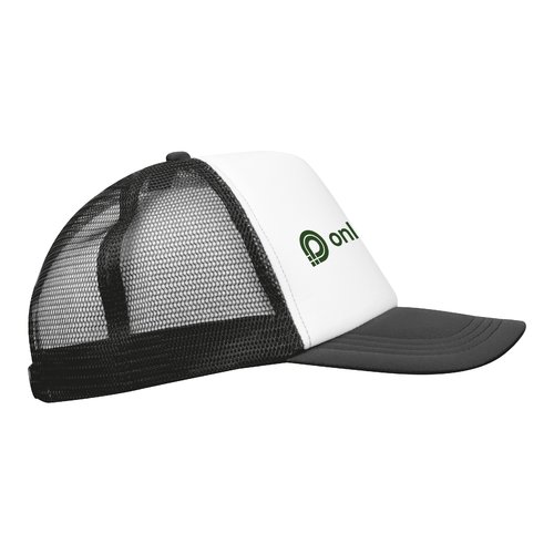 Gorra de camionero negra con malla y cierre ajustable.