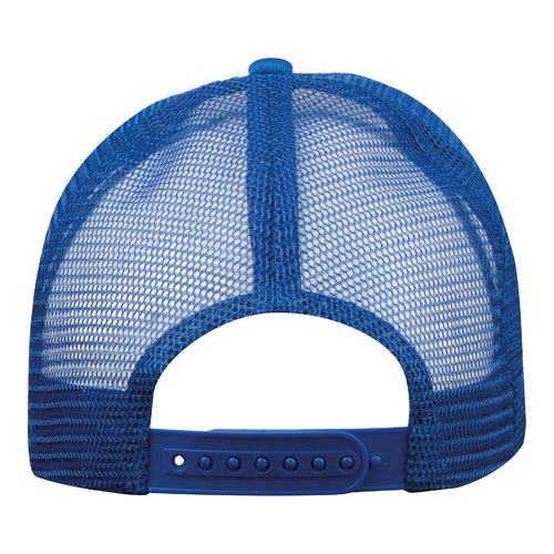 Gorra de camionero azul de tela con malla y cierre ajustable.