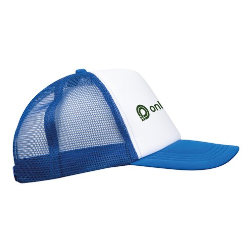 Gorra de camionero azul con malla y cierre ajustable.
