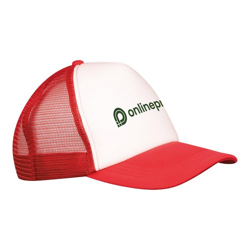 Gorra de camionero roja de polister con malla y cierre ajustable.