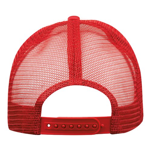 Gorra de camionero roja de polister con malla y cierre ajustable.