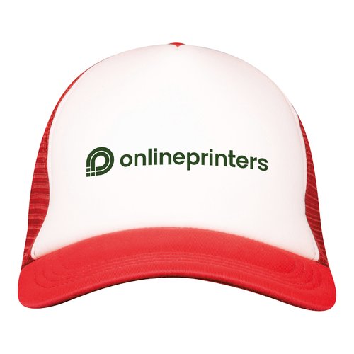 Gorra de camionero roja con tejido de malla y cierre ajustable.