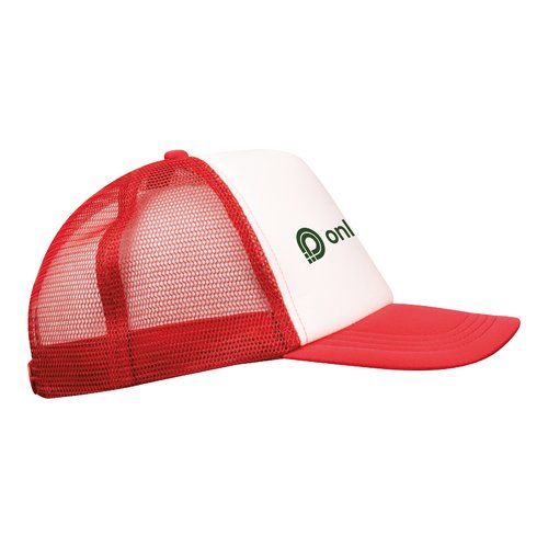 Gorra de camionero roja de malla con cierre ajustable.