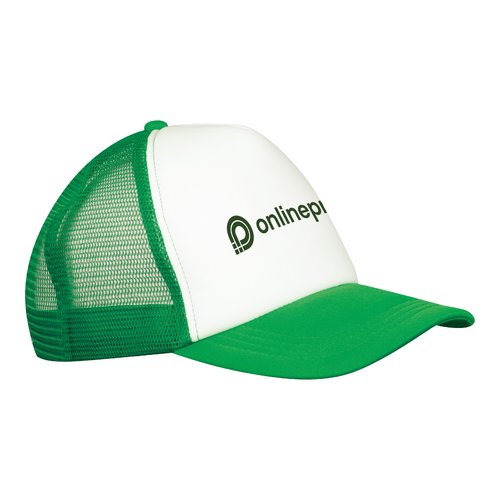 Gorra de camionero verde con malla y cierre ajustable.
