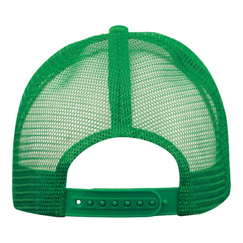 Gorra de camionero verde de malla transpirable con cierre ajustable.