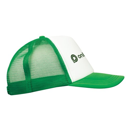 Gorra de camionero verde con malla y cierre ajustable.