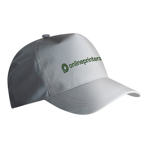 Gorra de bisbol gris plateada de material reflectante con correa ajustable.
