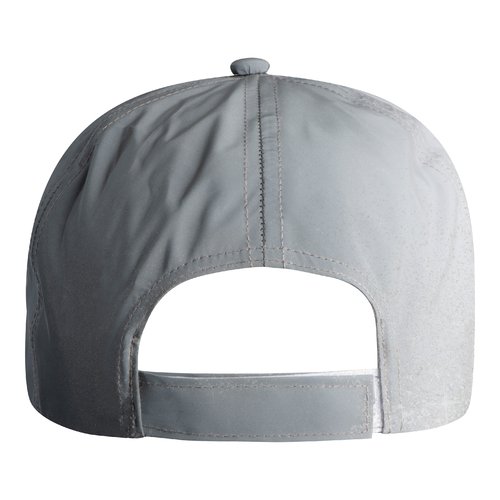 Gorra de bisbol gris plateada de material reflectante con correa ajustable.