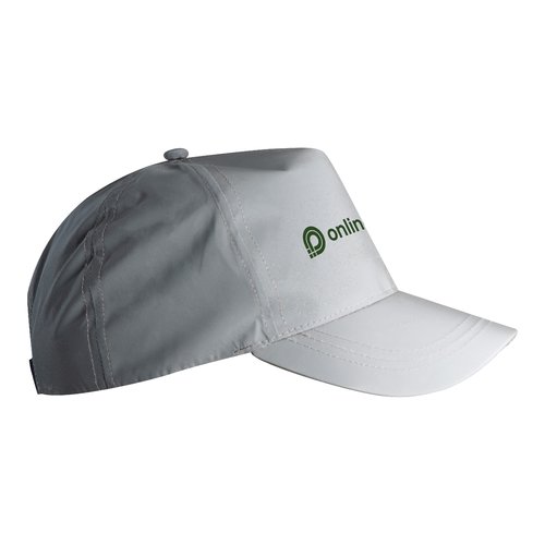 Gorra de bisbol gris plateada de material reflectante con correa ajustable.
