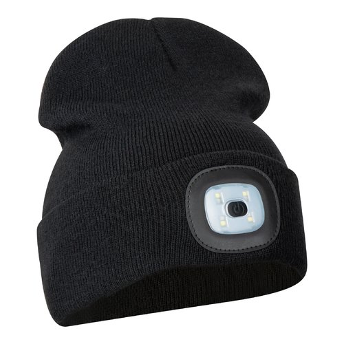 Gorro negro de punto con lmpara LED integrada.