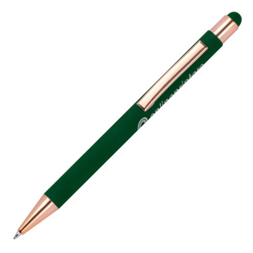 Bolgrafo verde oscuro con lpiz tctil y clip.