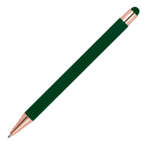 Bolgrafo de color verde oscuro con lpiz tctil y mecanismo de pulsacin.