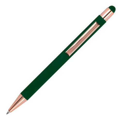 Bolgrafo verde oscuro con puntero tctil y clip.