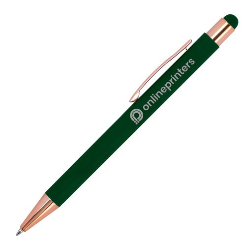 Bolgrafo de metal verde con lpiz tctil y clip.