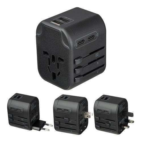 Adaptador de viaje negro con mltiples opciones de enchufe y puertos USB.