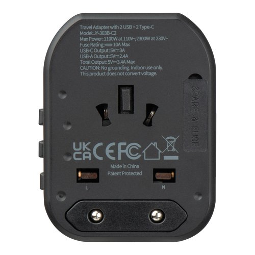 Adaptador de viaje negro con puertos USB.