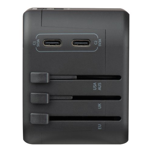 Adaptador de viaje negro con puertos USB y mltiples opciones de enchufe.