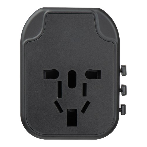 Adaptador de viaje negro de plstico con mltiples enchufes.