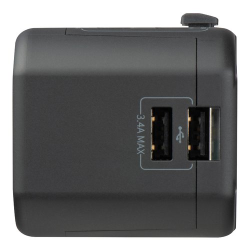 Adaptador de viaje negro con puertos USB.