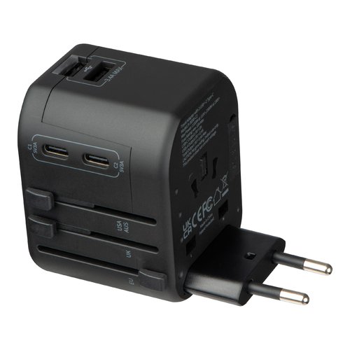 Adaptador de viaje negro con adaptadores de enchufe mltiples.