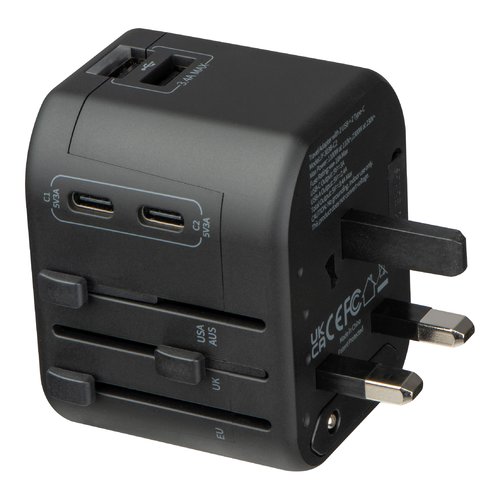 Adaptador de viaje negro con varios enchufes.