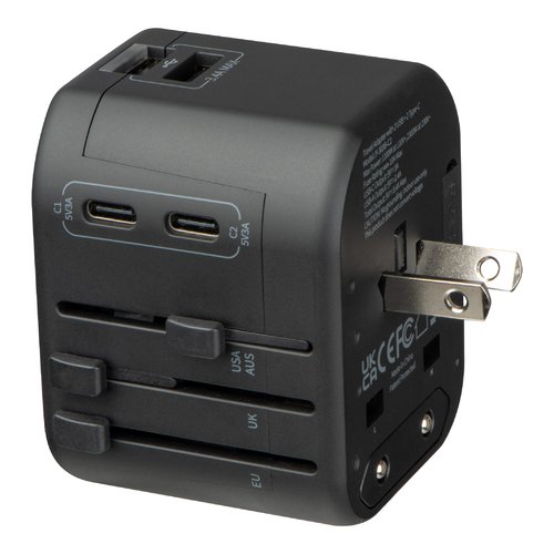 Adaptador de viaje negro con mltiples puertos USB y varias opciones de enchufe.