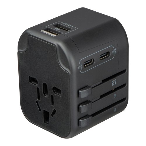 Adaptador de viaje negro con conexiones USB y enchufes.