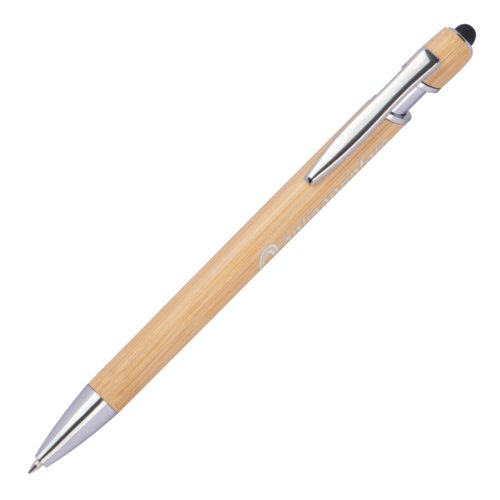 Bolgrafo de madera beige con clip y lpiz tctil.