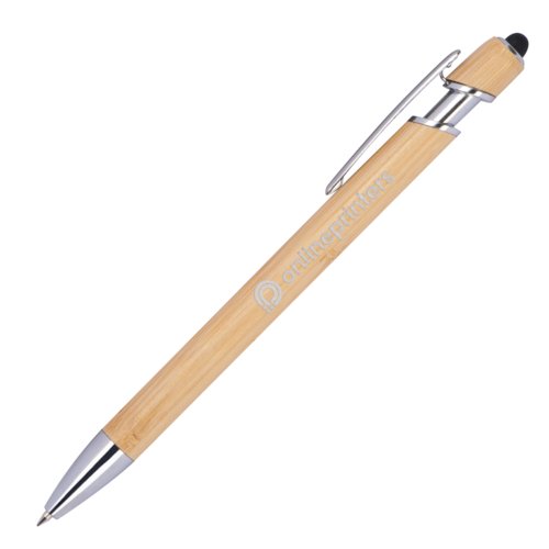 Bolgrafo de bamb color madera con lpiz tctil y clip.