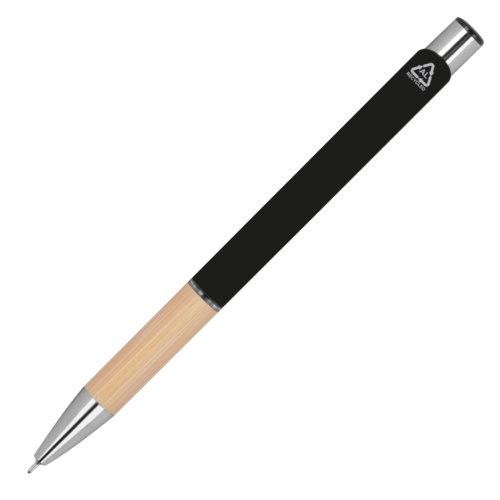 Bolgrafo de gel negro de material reciclado con mecanismo de pulsacin.