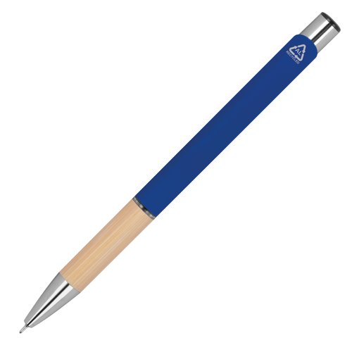 Bolgrafo de gel reciclado azul con tapa.