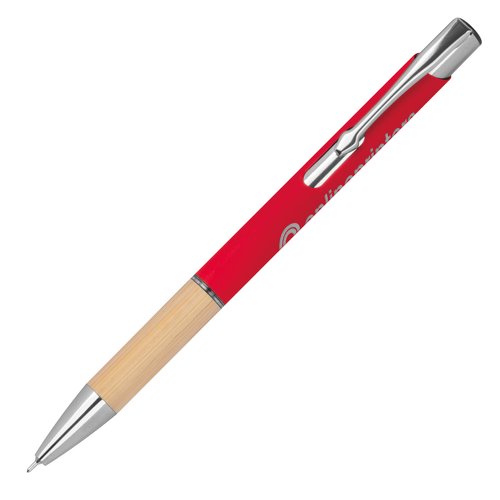 Bolgrafo de gel rojo de material reciclado con clip y mecanismo de pulsacin.