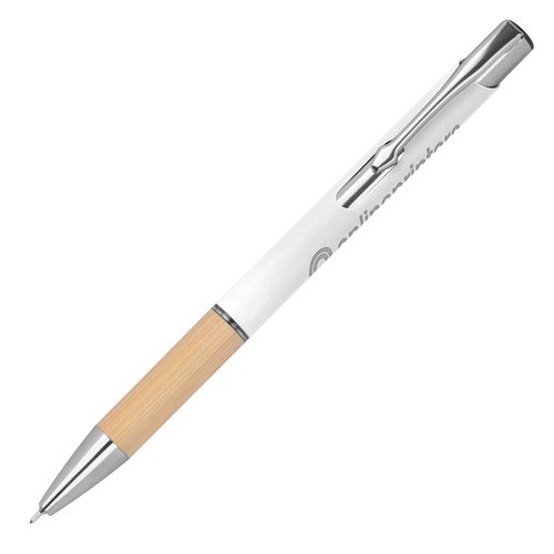 Bolgrafo de gel reciclado blanco con mecanismo de clic.