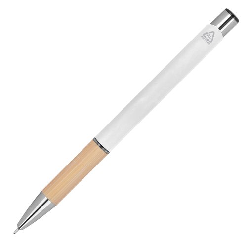 Bolgrafo de gel reciclado blanco con mecanismo de pulsacin.