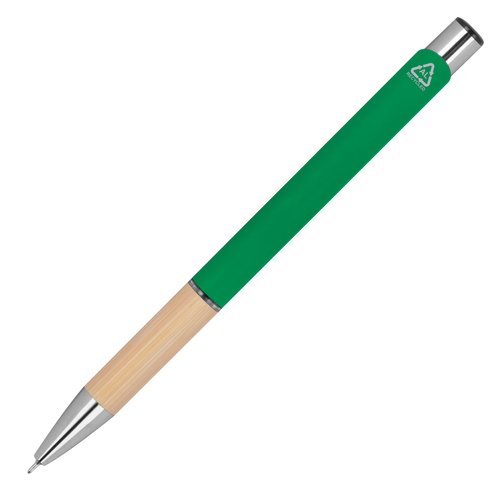 Bolgrafo de gel reciclado verde con mecanismo de pulsacin.