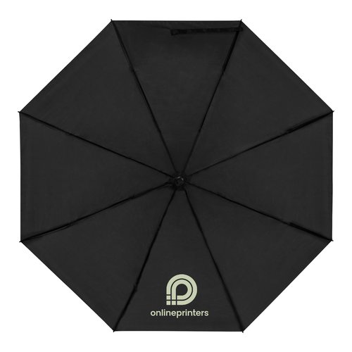 Paraguas de bolsillo negro de RPET con mecanismo de apertura manual.