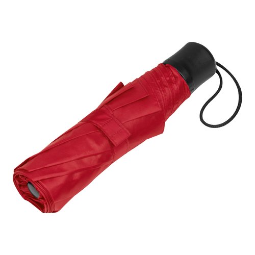 Paraguas de bolsillo rojo RPET con correa de mano.
