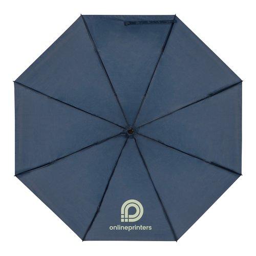 Paraguas de bolsillo azul oscuro de RPET con funda y mango.